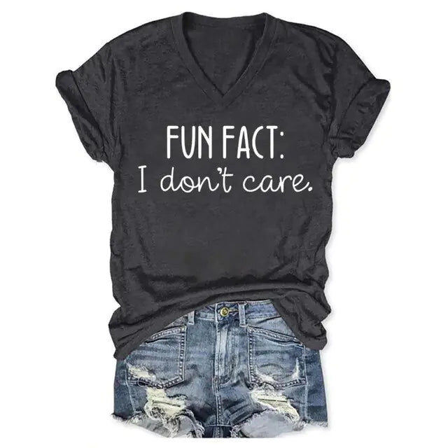 Rheaclots Women's "Fun Fact: I Don't Care" V-neck Short Sleeve T-Shirt