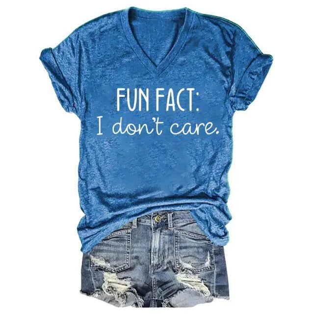 Rheaclots Women's "Fun Fact: I Don't Care" V-neck Short Sleeve T-Shirt